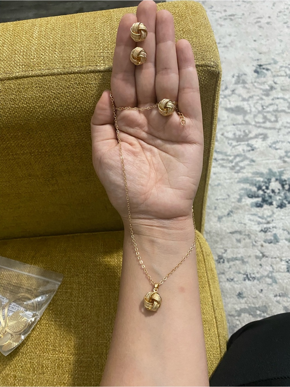 Gold Knot Pendant Necklace and Stud Earrings Set